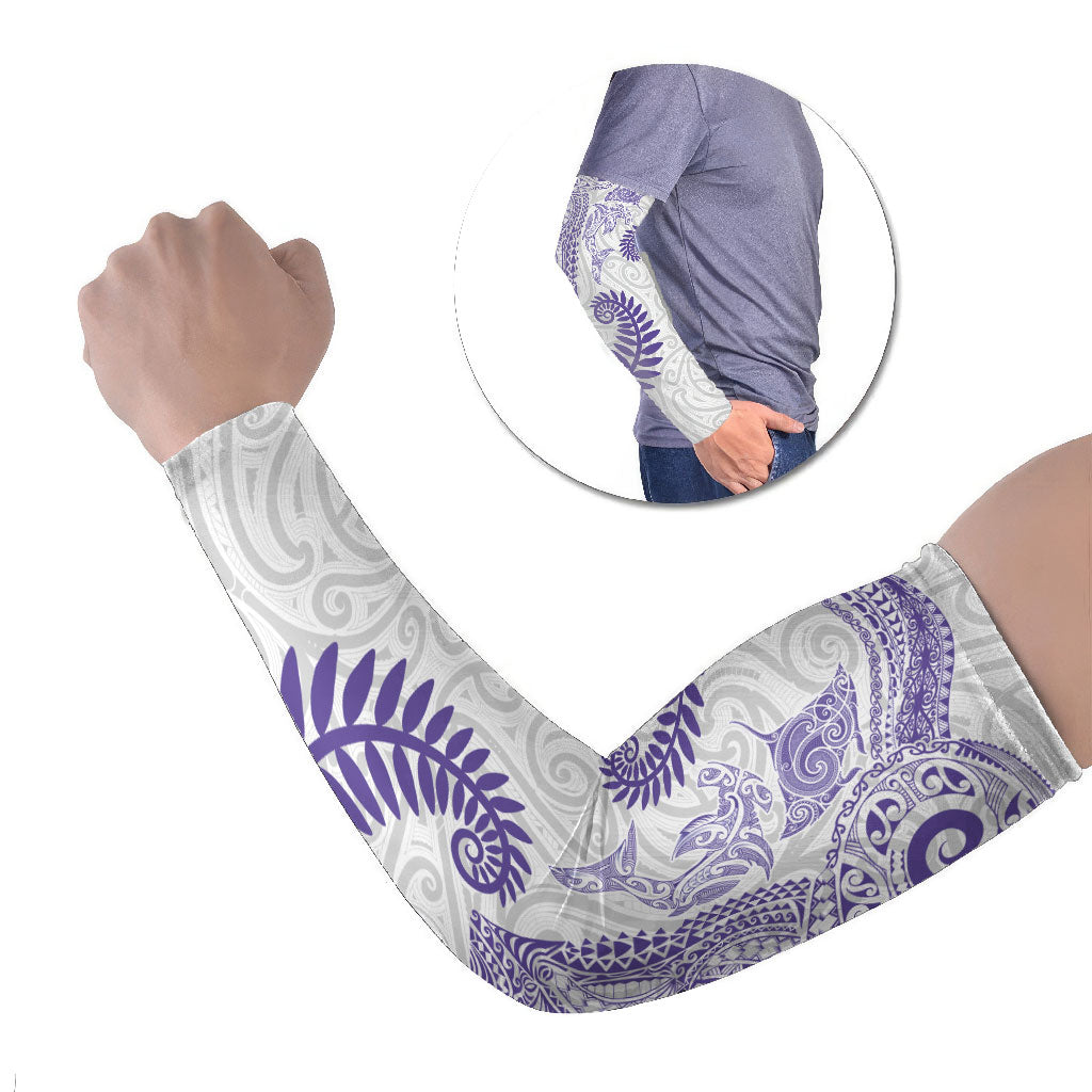 Aotearoa Maori Sea Animals Tribal Arm Sleeves Manta Ray and Shark Moko Pattern Purple Color