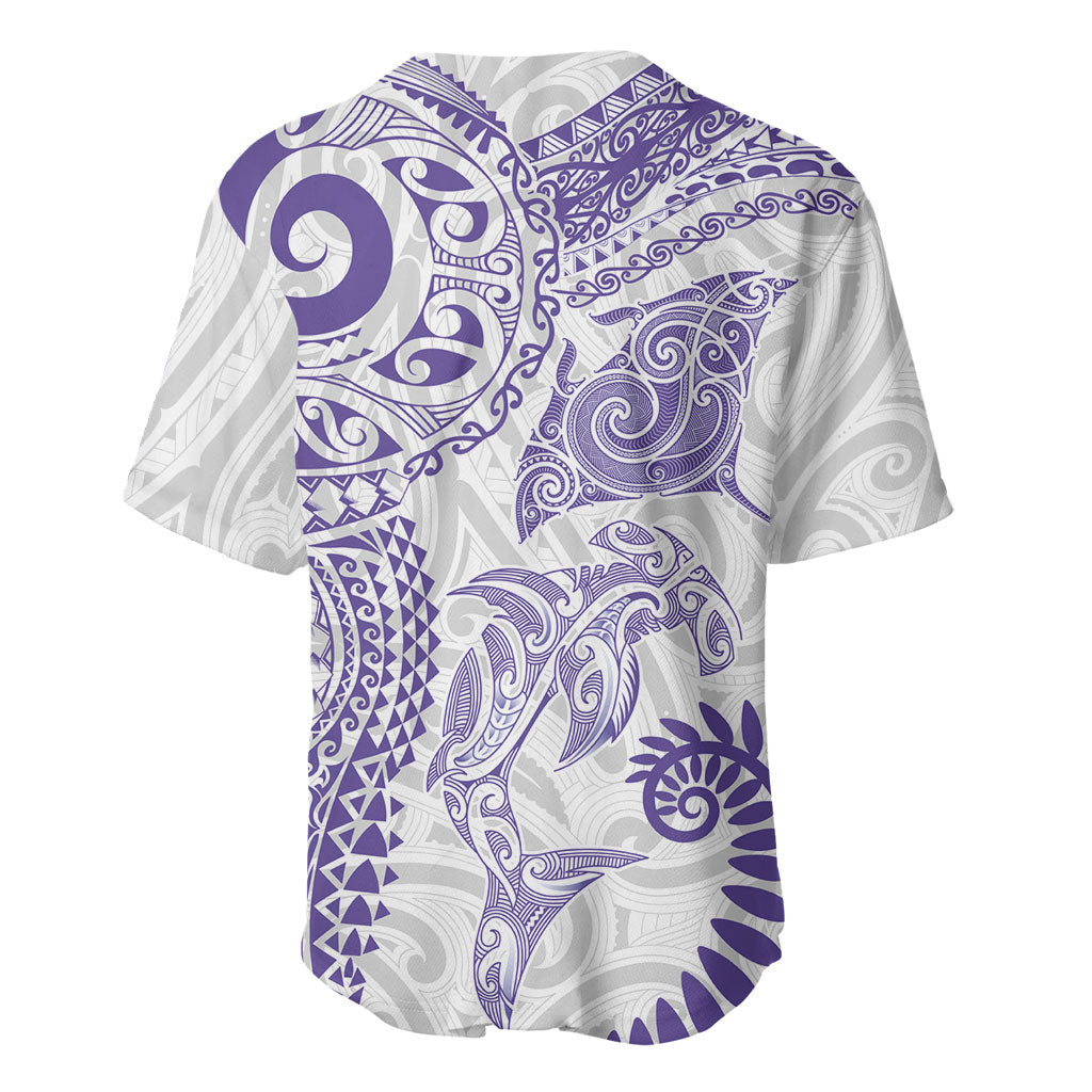Aotearoa Maori Sea Animals Tribal Baseball Jersey Manta Ray and Shark Moko Pattern Purple Color