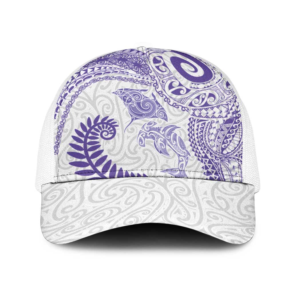 Aotearoa Maori Sea Animals Tribal Baseball Net Cap Manta Ray and Shark Moko Pattern Purple Color