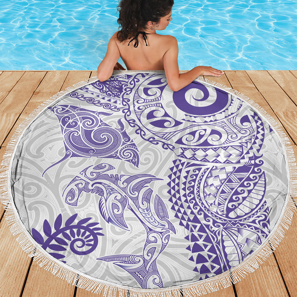 Aotearoa Maori Sea Animals Tribal Beach Blanket Manta Ray and Shark Moko Pattern Purple Color LT03 - Polynesian Pride