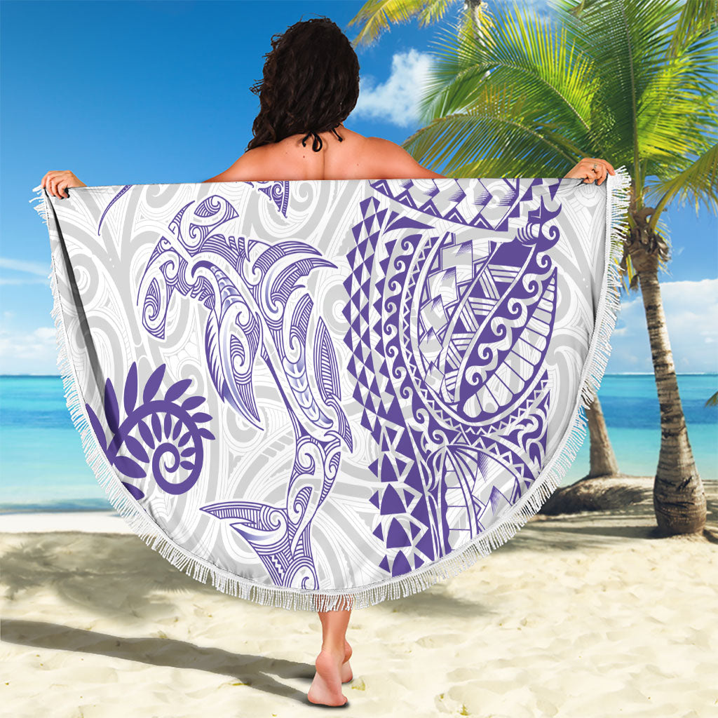 Aotearoa Maori Sea Animals Tribal Beach Blanket Manta Ray and Shark Moko Pattern Purple Color LT03 - Polynesian Pride