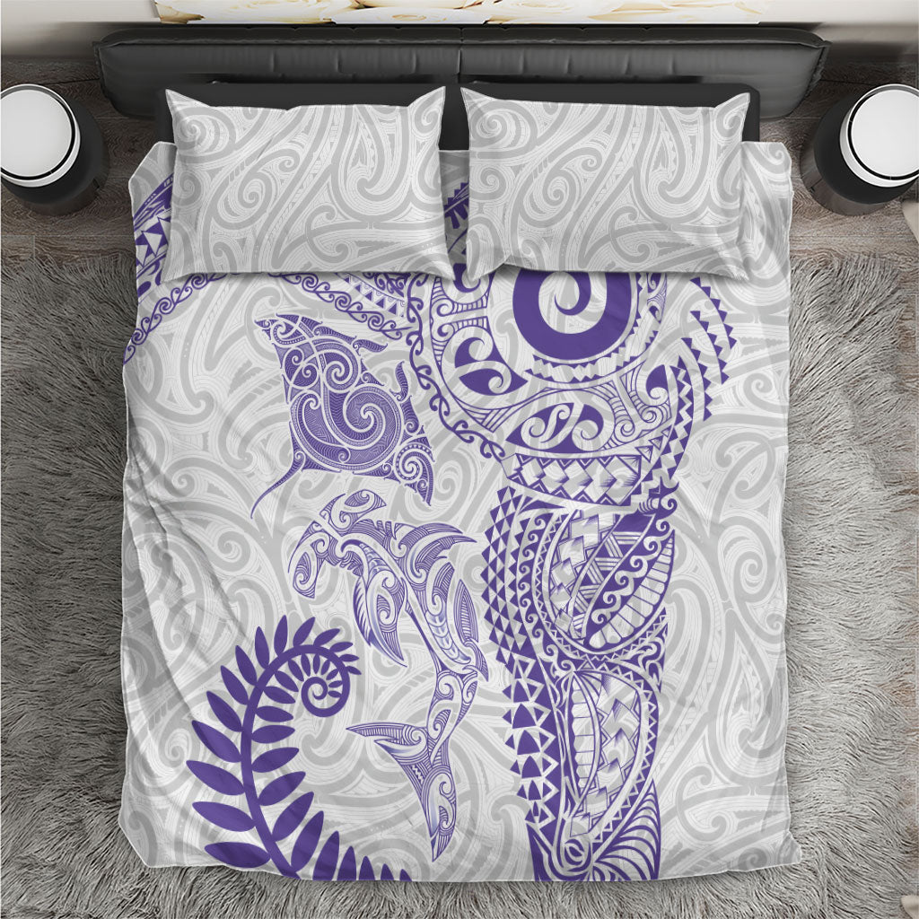 Aotearoa Maori Sea Animals Tribal Bedding Set Manta Ray and Shark Moko Pattern Purple Color