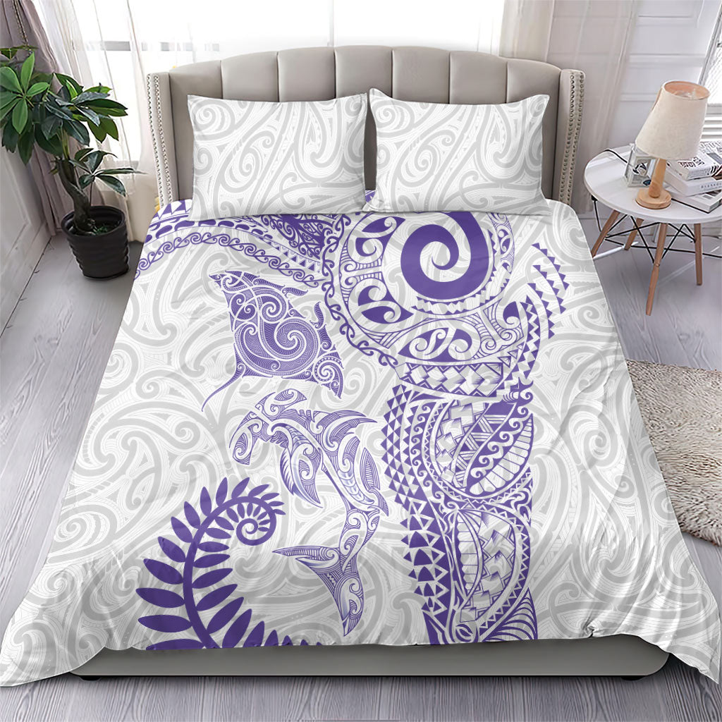 Aotearoa Maori Sea Animals Tribal Bedding Set Manta Ray and Shark Moko Pattern Purple Color