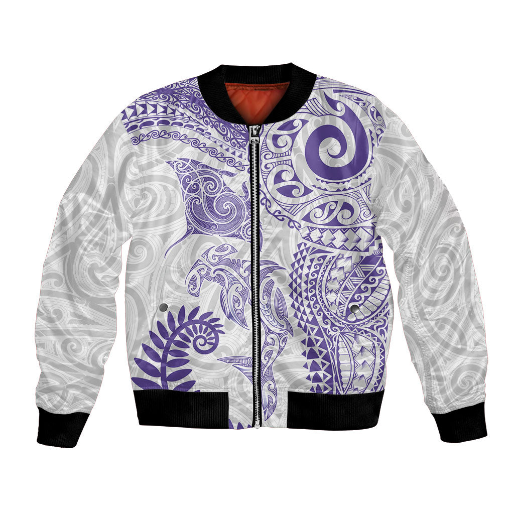 Aotearoa Maori Sea Animals Tribal Bomber Jacket Manta Ray and Shark Moko Pattern Purple Color