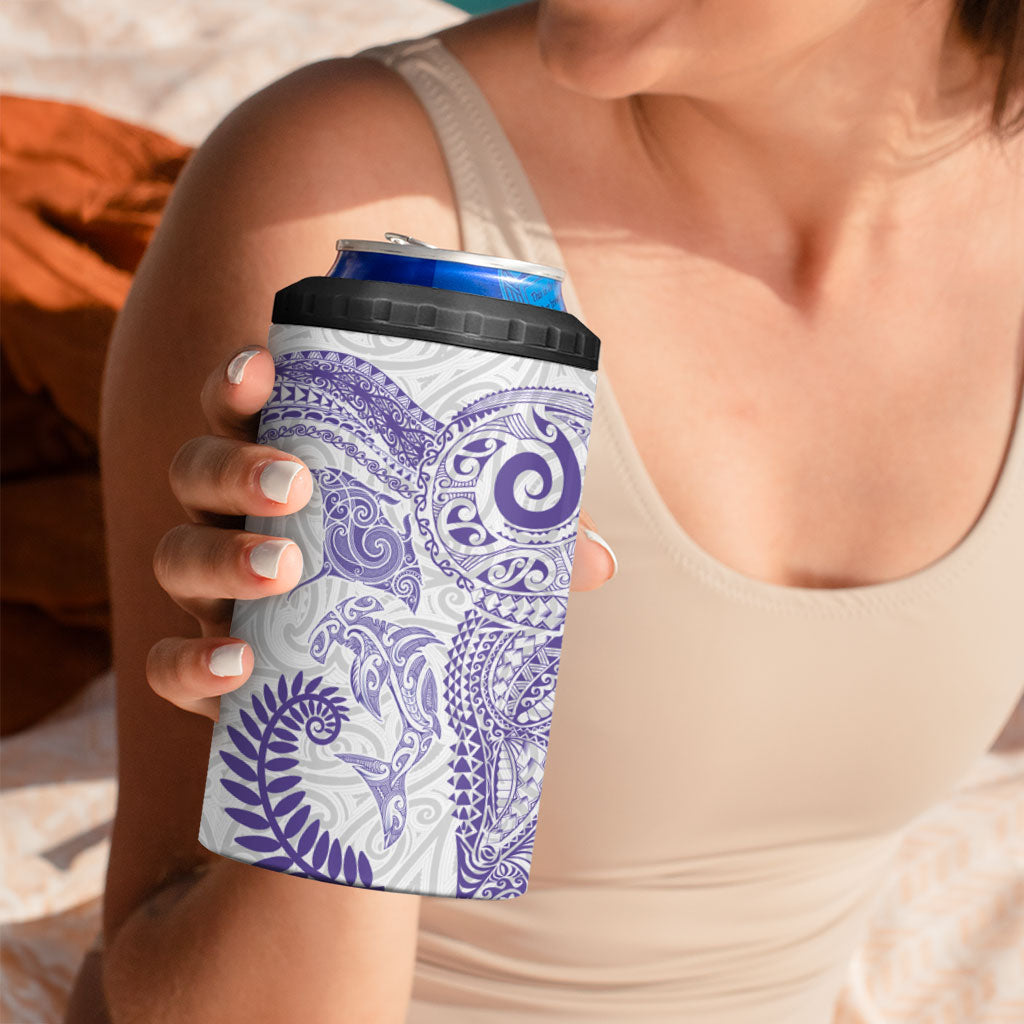 Aotearoa Maori Sea Animals Tribal 4 in 1 Can Cooler Tumbler Manta Ray and Shark Moko Pattern Purple Color LT03 - Polynesian Pride