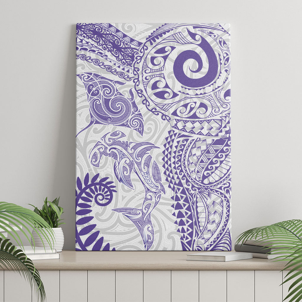 Aotearoa Maori Sea Animals Tribal Canvas Wall Art Manta Ray and Shark Moko Pattern Purple Color