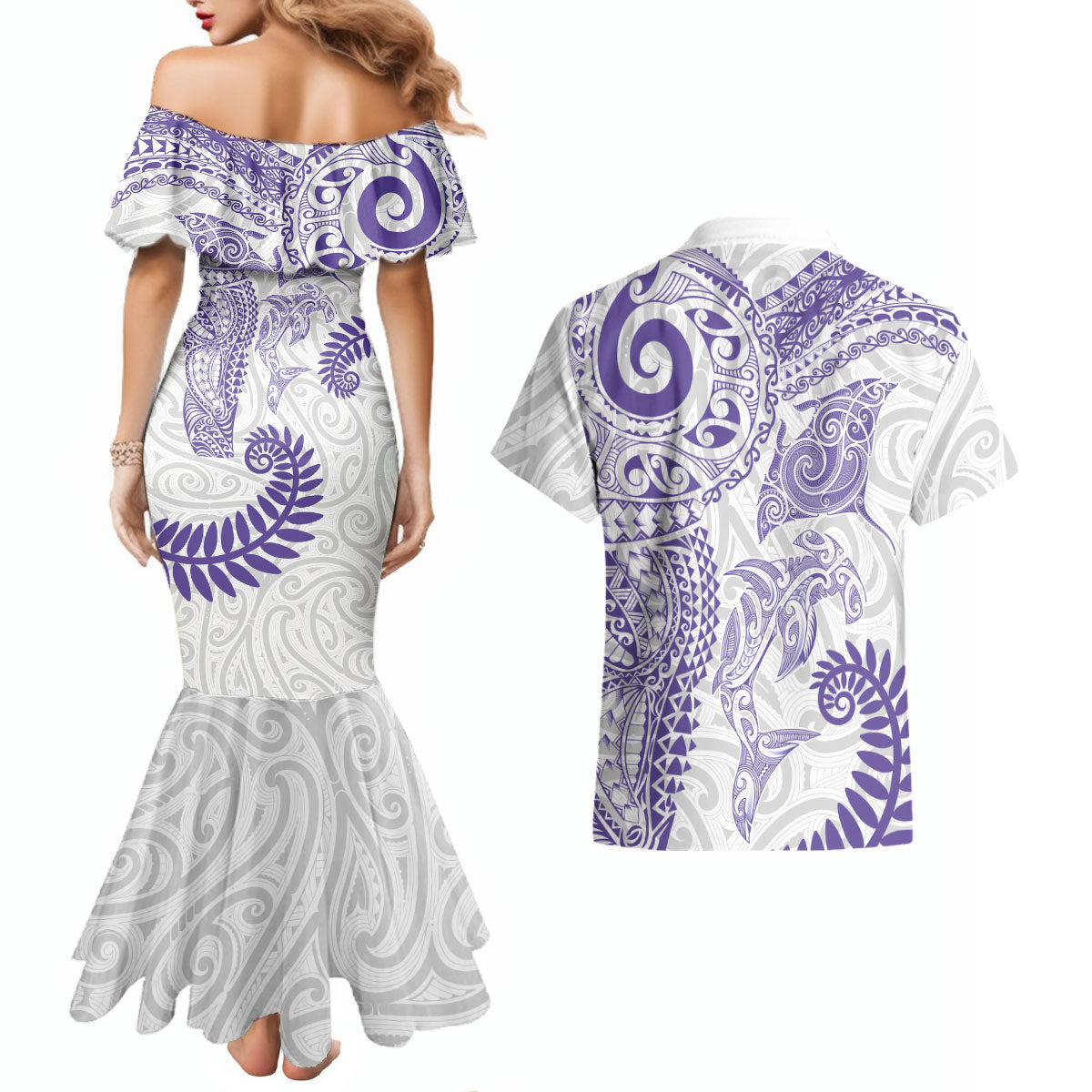 Aotearoa Maori Sea Animals Tribal Couples Matching Mermaid Dress and Hawaiian Shirt Manta Ray and Shark Moko Pattern Purple Color LT03 - Polynesian Pride