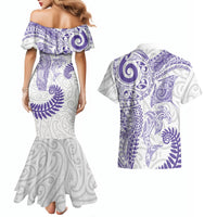 Aotearoa Maori Sea Animals Tribal Couples Matching Mermaid Dress and Hawaiian Shirt Manta Ray and Shark Moko Pattern Purple Color LT03 - Polynesian Pride