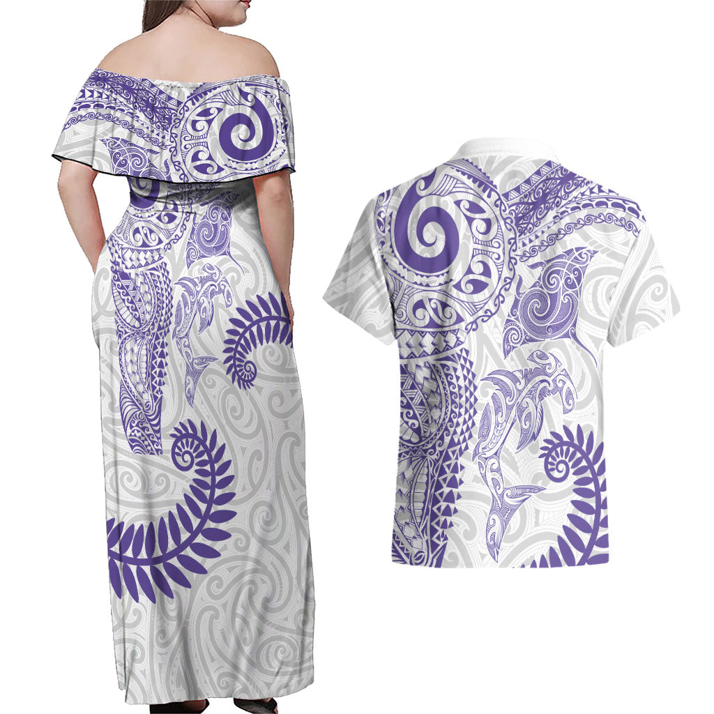 Aotearoa Maori Sea Animals Tribal Couples Matching Off Shoulder Maxi Dress and Hawaiian Shirt Manta Ray and Shark Moko Pattern Purple Color LT03 - Polynesian Pride