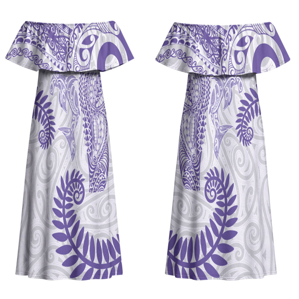Aotearoa Maori Sea Animals Tribal Couples Matching Off Shoulder Maxi Dress and Long Sleeve Button Shirt Manta Ray and Shark Moko Pattern Purple Color LT03 - Polynesian Pride