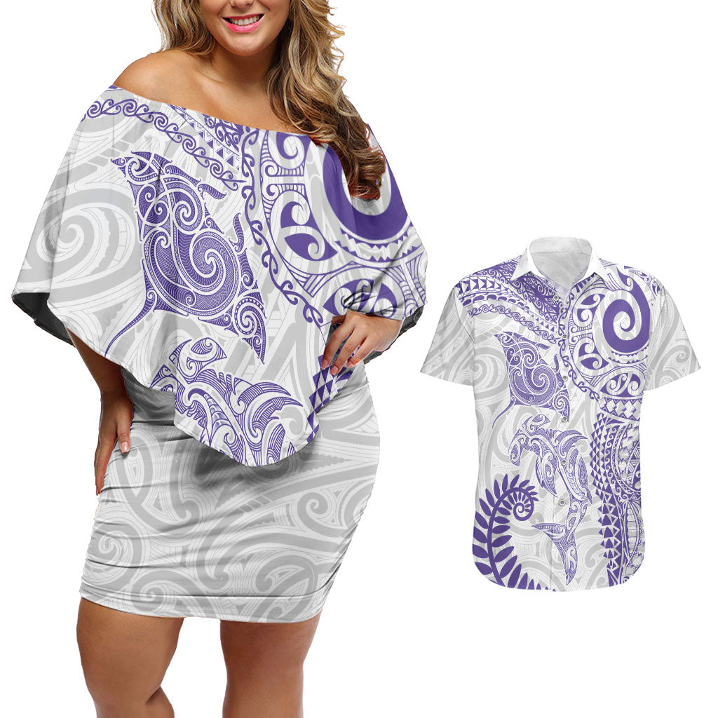 Aotearoa Maori Sea Animals Tribal Couples Matching Off Shoulder Short Dress and Hawaiian Shirt Manta Ray and Shark Moko Pattern Purple Color