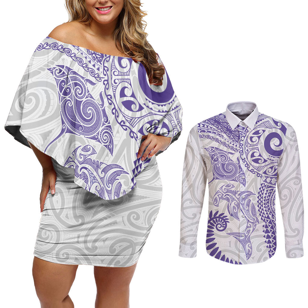 Aotearoa Maori Sea Animals Tribal Couples Matching Off Shoulder Short Dress and Long Sleeve Button Shirt Manta Ray and Shark Moko Pattern Purple Color LT03 Purple - Polynesian Pride