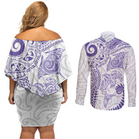 Aotearoa Maori Sea Animals Tribal Couples Matching Off Shoulder Short Dress and Long Sleeve Button Shirt Manta Ray and Shark Moko Pattern Purple Color LT03 - Polynesian Pride