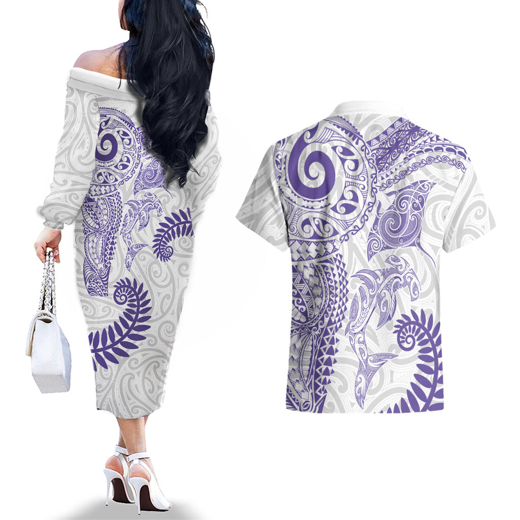 Aotearoa Maori Sea Animals Tribal Couples Matching Off The Shoulder Long Sleeve Dress and Hawaiian Shirt Manta Ray and Shark Moko Pattern Purple Color LT03 - Polynesian Pride