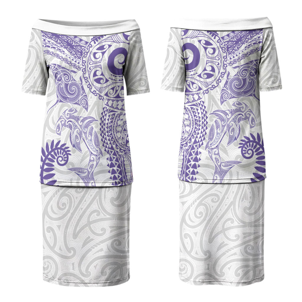 Aotearoa Maori Sea Animals Tribal Couples Matching Puletasi and Long Sleeve Button Shirt Manta Ray and Shark Moko Pattern Purple Color LT03 - Polynesian Pride