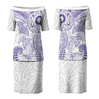 Aotearoa Maori Sea Animals Tribal Couples Matching Puletasi and Long Sleeve Button Shirt Manta Ray and Shark Moko Pattern Purple Color LT03 - Polynesian Pride