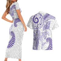 Aotearoa Maori Sea Animals Tribal Couples Matching Short Sleeve Bodycon Dress and Hawaiian Shirt Manta Ray and Shark Moko Pattern Purple Color LT03 - Polynesian Pride