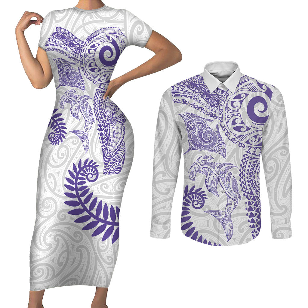 Aotearoa Maori Sea Animals Tribal Couples Matching Short Sleeve Bodycon Dress and Long Sleeve Button Shirt Manta Ray and Shark Moko Pattern Purple Color