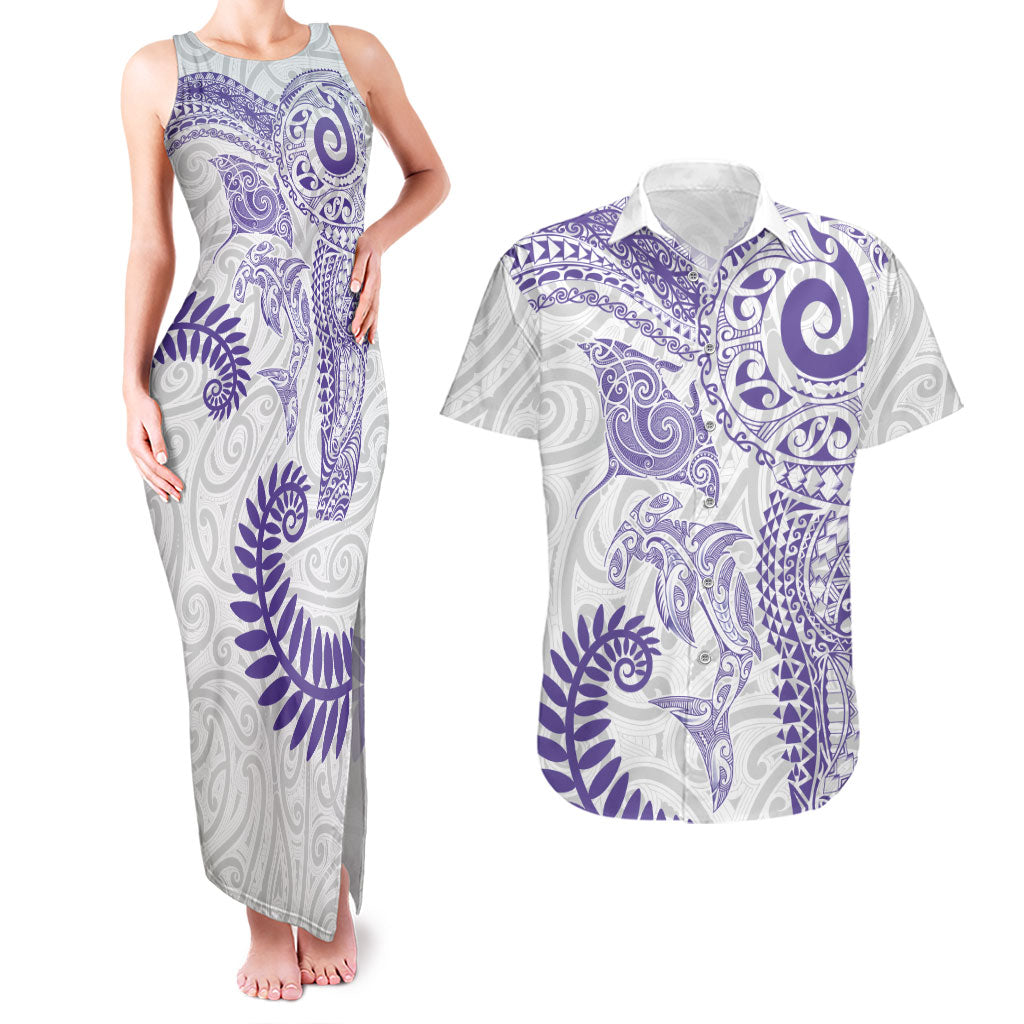 Aotearoa Maori Sea Animals Tribal Couples Matching Tank Maxi Dress and Hawaiian Shirt Manta Ray and Shark Moko Pattern Purple Color LT03 Purple - Polynesian Pride