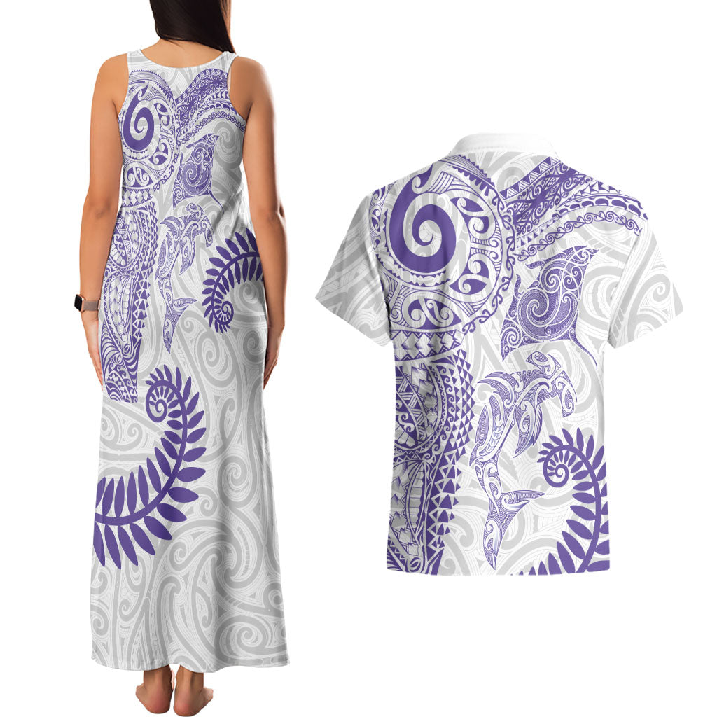 Aotearoa Maori Sea Animals Tribal Couples Matching Tank Maxi Dress and Hawaiian Shirt Manta Ray and Shark Moko Pattern Purple Color LT03 - Polynesian Pride