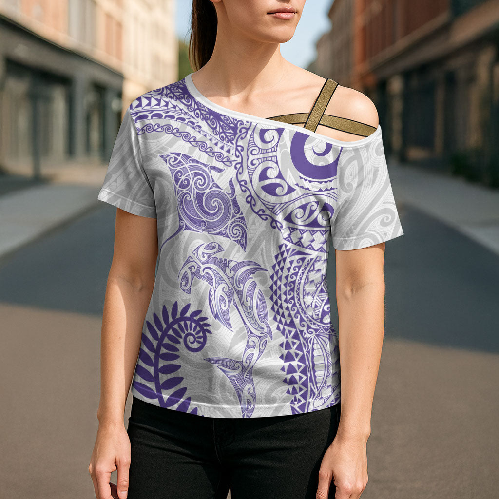Aotearoa Maori Sea Animals Tribal Cross Shoulder Shirt Manta Ray and Shark Moko Pattern Purple Color