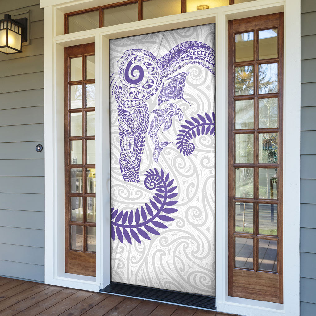 Aotearoa Maori Sea Animals Tribal Door Cover Manta Ray and Shark Moko Pattern Purple Color