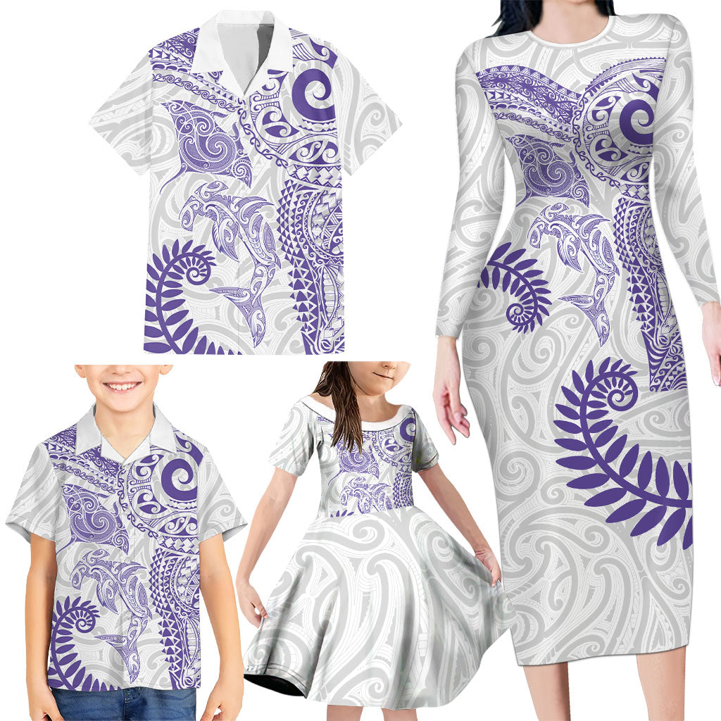 Aotearoa Maori Sea Animals Tribal Family Matching Long Sleeve Bodycon Dress and Hawaiian Shirt Manta Ray and Shark Moko Pattern Purple Color LT03 - Polynesian Pride