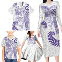 Aotearoa Maori Sea Animals Tribal Family Matching Long Sleeve Bodycon Dress and Hawaiian Shirt Manta Ray and Shark Moko Pattern Purple Color LT03 - Polynesian Pride
