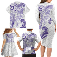 Aotearoa Maori Sea Animals Tribal Family Matching Long Sleeve Bodycon Dress and Hawaiian Shirt Manta Ray and Shark Moko Pattern Purple Color LT03 - Polynesian Pride