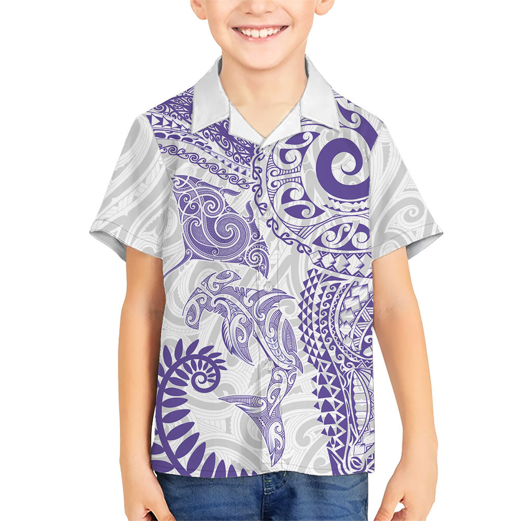 Aotearoa Maori Sea Animals Tribal Family Matching Long Sleeve Bodycon Dress and Hawaiian Shirt Manta Ray and Shark Moko Pattern Purple Color LT03 Son's Shirt Purple - Polynesian Pride