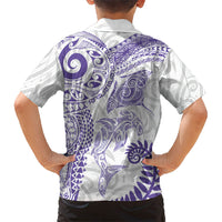 Aotearoa Maori Sea Animals Tribal Family Matching Off The Shoulder Long Sleeve Dress and Hawaiian Shirt Manta Ray and Shark Moko Pattern Purple Color LT03 - Polynesian Pride