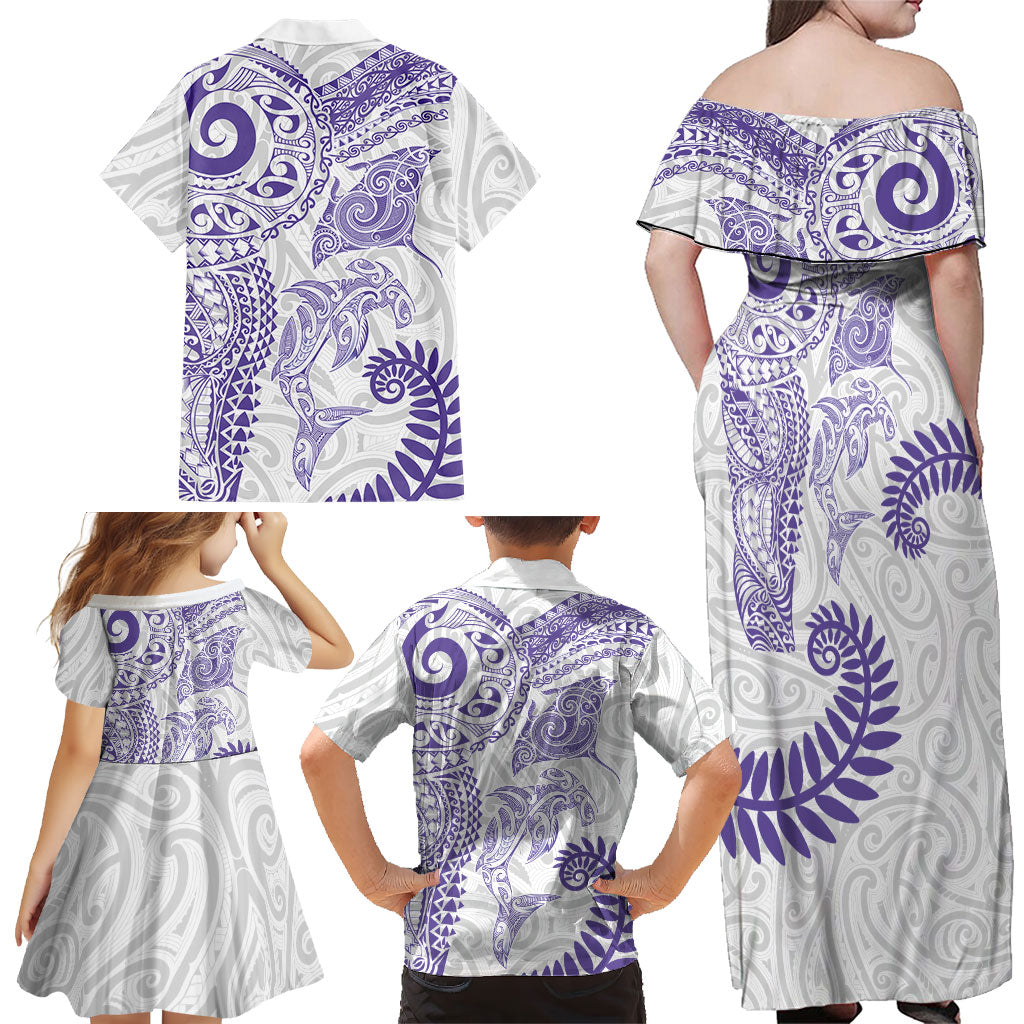 Aotearoa Maori Sea Animals Tribal Family Matching Off Shoulder Maxi Dress and Hawaiian Shirt Manta Ray and Shark Moko Pattern Purple Color LT03 - Polynesian Pride