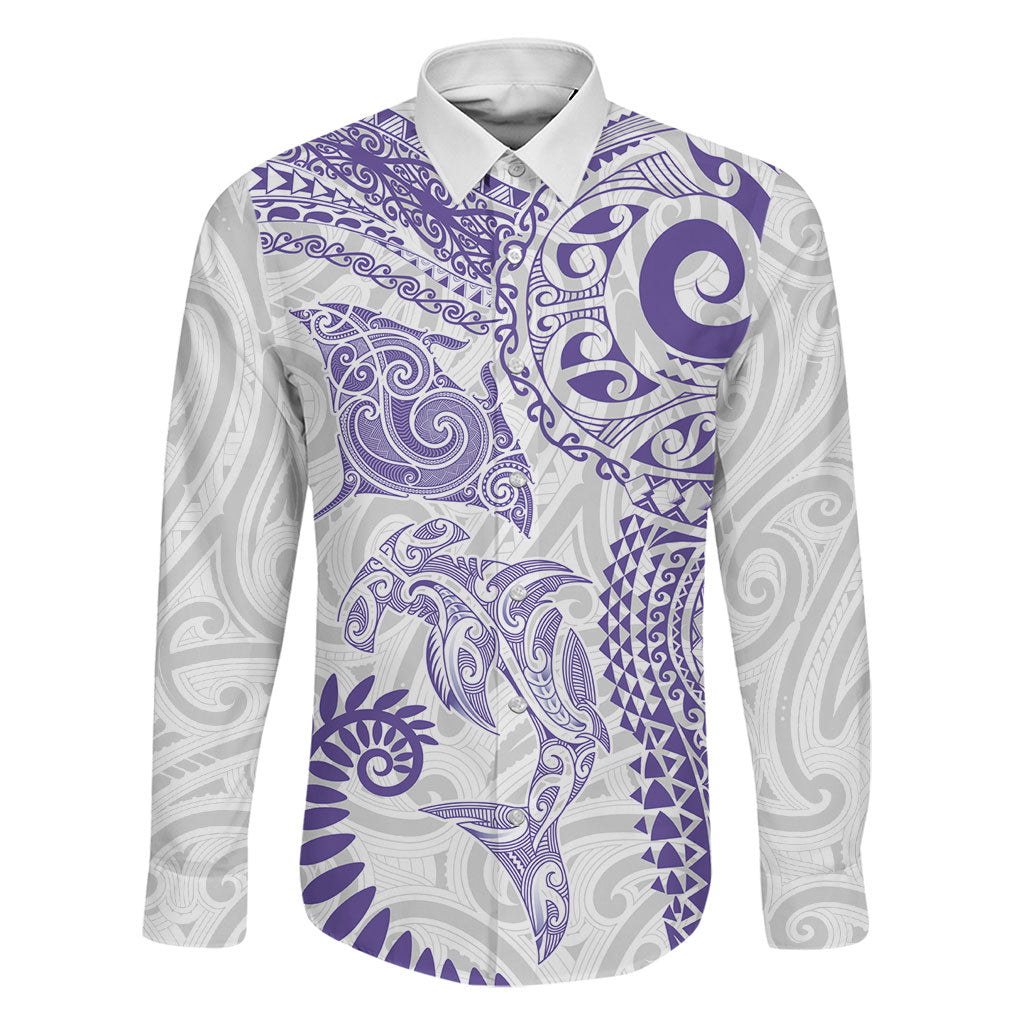 Aotearoa Maori Sea Animals Tribal Family Matching Off Shoulder Maxi Dress and Hawaiian Shirt Manta Ray and Shark Moko Pattern Purple Color LT03 Dad's Shirt - Long Sleeve Purple - Polynesian Pride