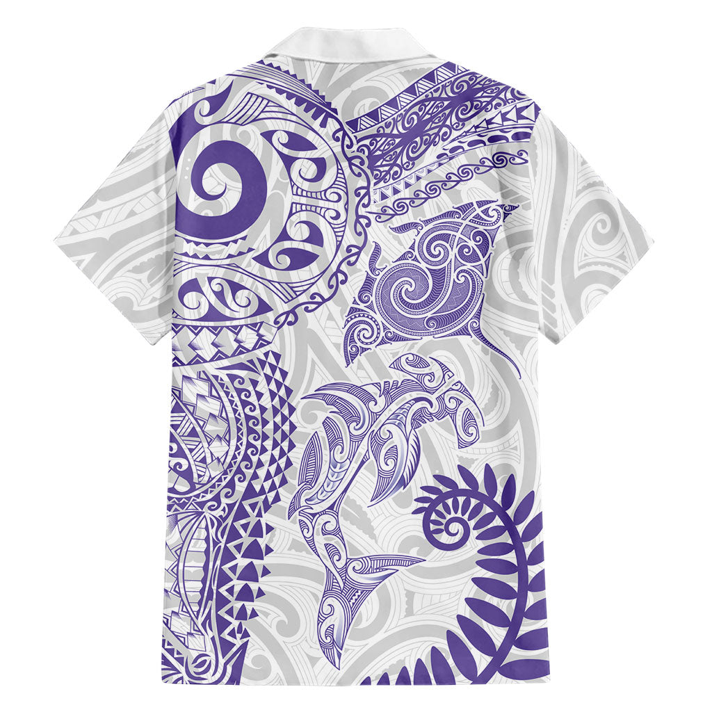 Aotearoa Maori Sea Animals Tribal Family Matching Off Shoulder Short Dress and Hawaiian Shirt Manta Ray and Shark Moko Pattern Purple Color LT03 - Polynesian Pride