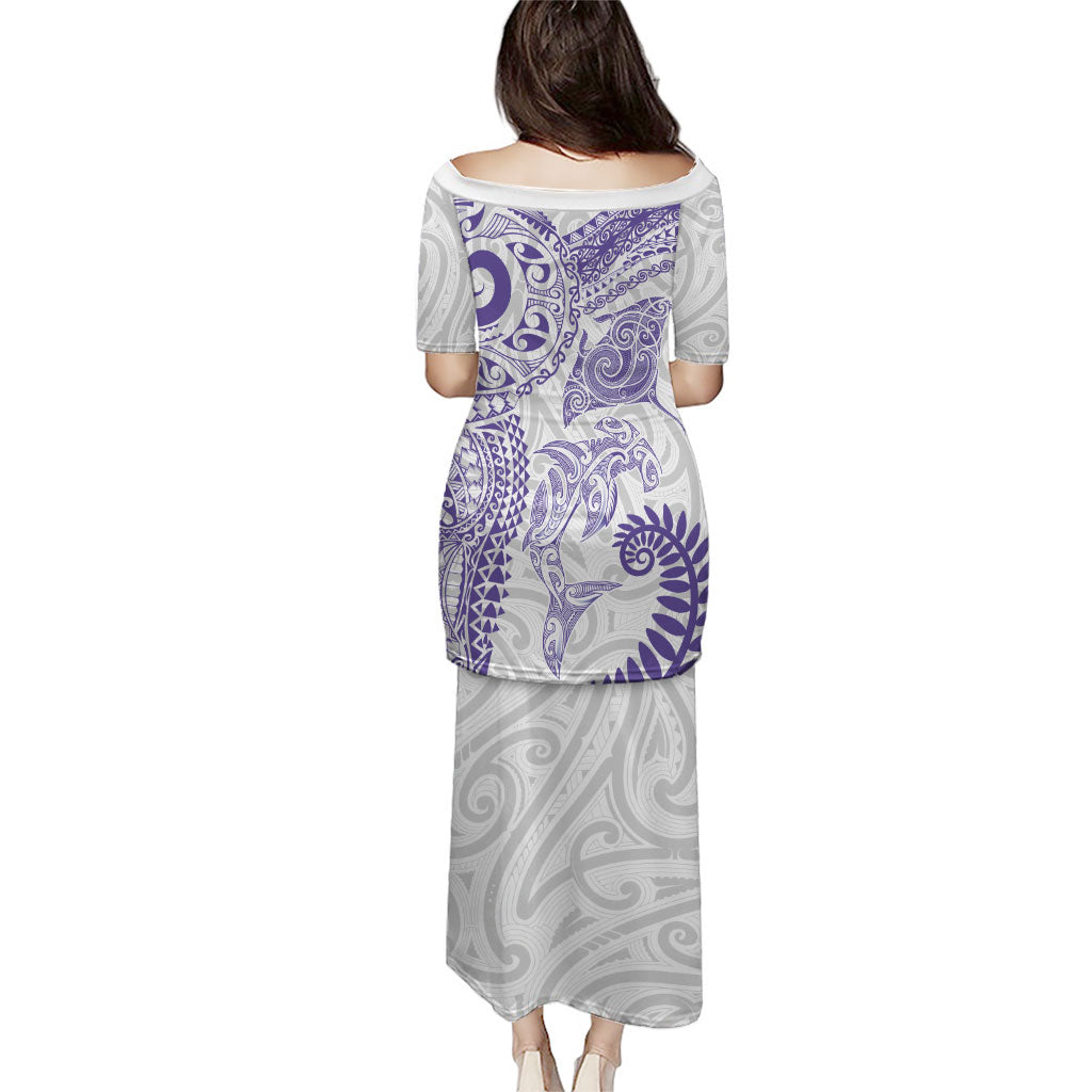 Aotearoa Maori Sea Animals Tribal Family Matching Puletasi and Hawaiian Shirt Manta Ray and Shark Moko Pattern Purple Color LT03 - Polynesian Pride