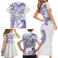Aotearoa Maori Sea Animals Tribal Family Matching Short Sleeve Bodycon Dress and Hawaiian Shirt Manta Ray and Shark Moko Pattern Purple Color LT03 - Polynesian Pride