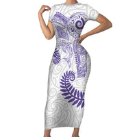 Aotearoa Maori Sea Animals Tribal Family Matching Short Sleeve Bodycon Dress and Hawaiian Shirt Manta Ray and Shark Moko Pattern Purple Color LT03 Mom's Dress Purple - Polynesian Pride