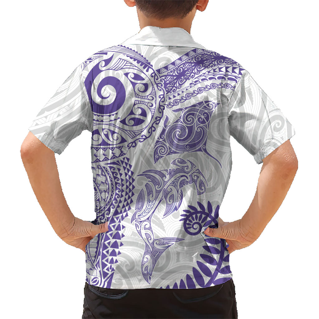 Aotearoa Maori Sea Animals Tribal Family Matching Summer Maxi Dress and Hawaiian Shirt Manta Ray and Shark Moko Pattern Purple Color LT03 - Polynesian Pride