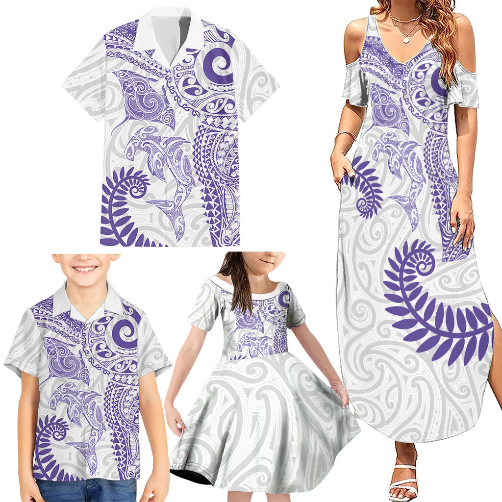 Aotearoa Maori Sea Animals Tribal Family Matching Summer Maxi Dress and Hawaiian Shirt Manta Ray and Shark Moko Pattern Purple Color LT03 - Polynesian Pride