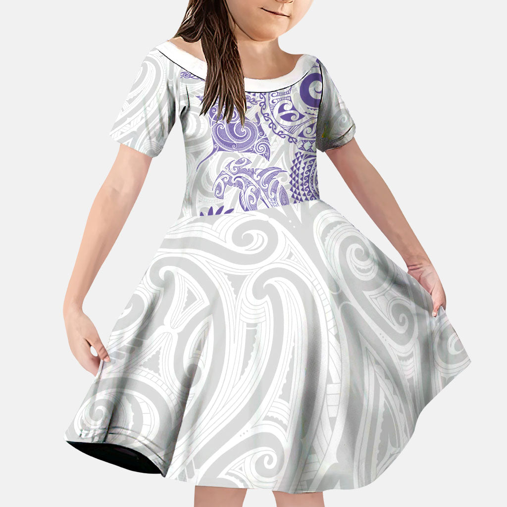 Aotearoa Maori Sea Animals Tribal Family Matching Tank Maxi Dress and Hawaiian Shirt Manta Ray and Shark Moko Pattern Purple Color LT03 Daughter's Dress Purple - Polynesian Pride