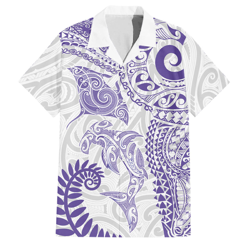Aotearoa Maori Sea Animals Tribal Family Matching Tank Maxi Dress and Hawaiian Shirt Manta Ray and Shark Moko Pattern Purple Color LT03 Dad's Shirt - Short Sleeve Purple - Polynesian Pride