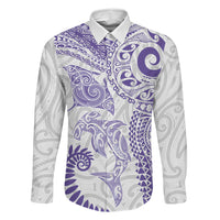 Aotearoa Maori Sea Animals Tribal Family Matching Tank Maxi Dress and Hawaiian Shirt Manta Ray and Shark Moko Pattern Purple Color LT03 Dad's Shirt - Long Sleeve Purple - Polynesian Pride