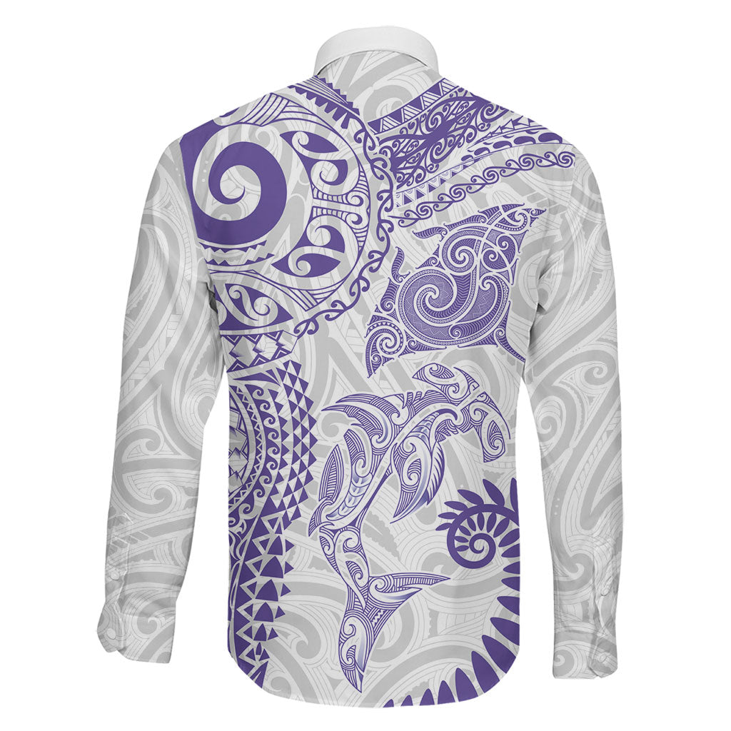 Aotearoa Maori Sea Animals Tribal Family Matching Tank Maxi Dress and Hawaiian Shirt Manta Ray and Shark Moko Pattern Purple Color LT03 - Polynesian Pride