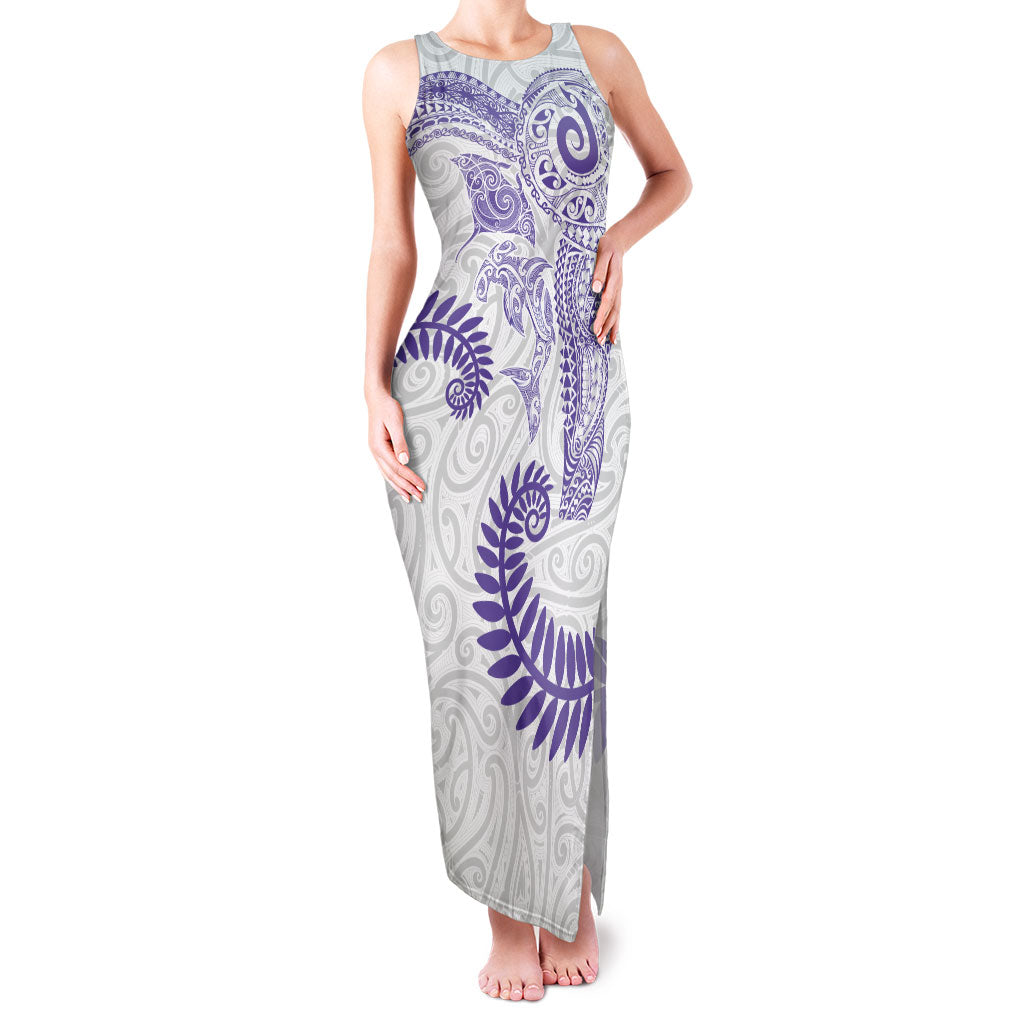 Aotearoa Maori Sea Animals Tribal Family Matching Tank Maxi Dress and Hawaiian Shirt Manta Ray and Shark Moko Pattern Purple Color LT03 Mom's Dress Purple - Polynesian Pride