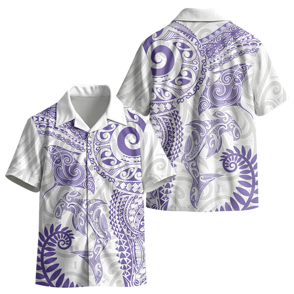 Aotearoa Maori Sea Animals Tribal Kid Hawaiian Shirt Manta Ray and Shark Moko Pattern Purple Color LT03 - Polynesian Pride