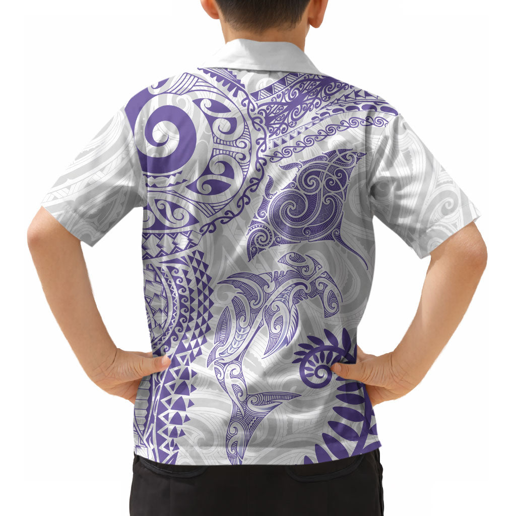 Aotearoa Maori Sea Animals Tribal Kid Hawaiian Shirt Manta Ray and Shark Moko Pattern Purple Color LT03 - Polynesian Pride