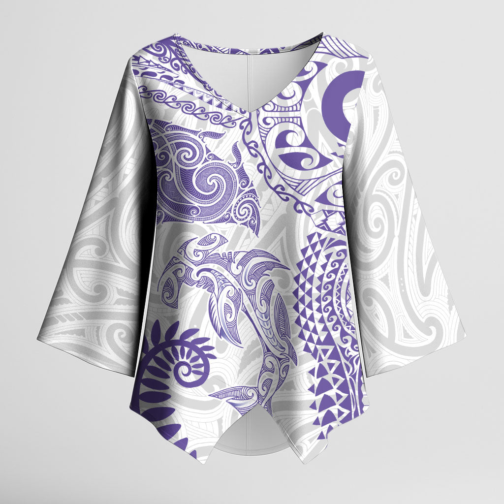 Aotearoa Maori Sea Animals Tribal Kimono Sleeve Blouse Manta Ray and Shark Moko Pattern Purple Color