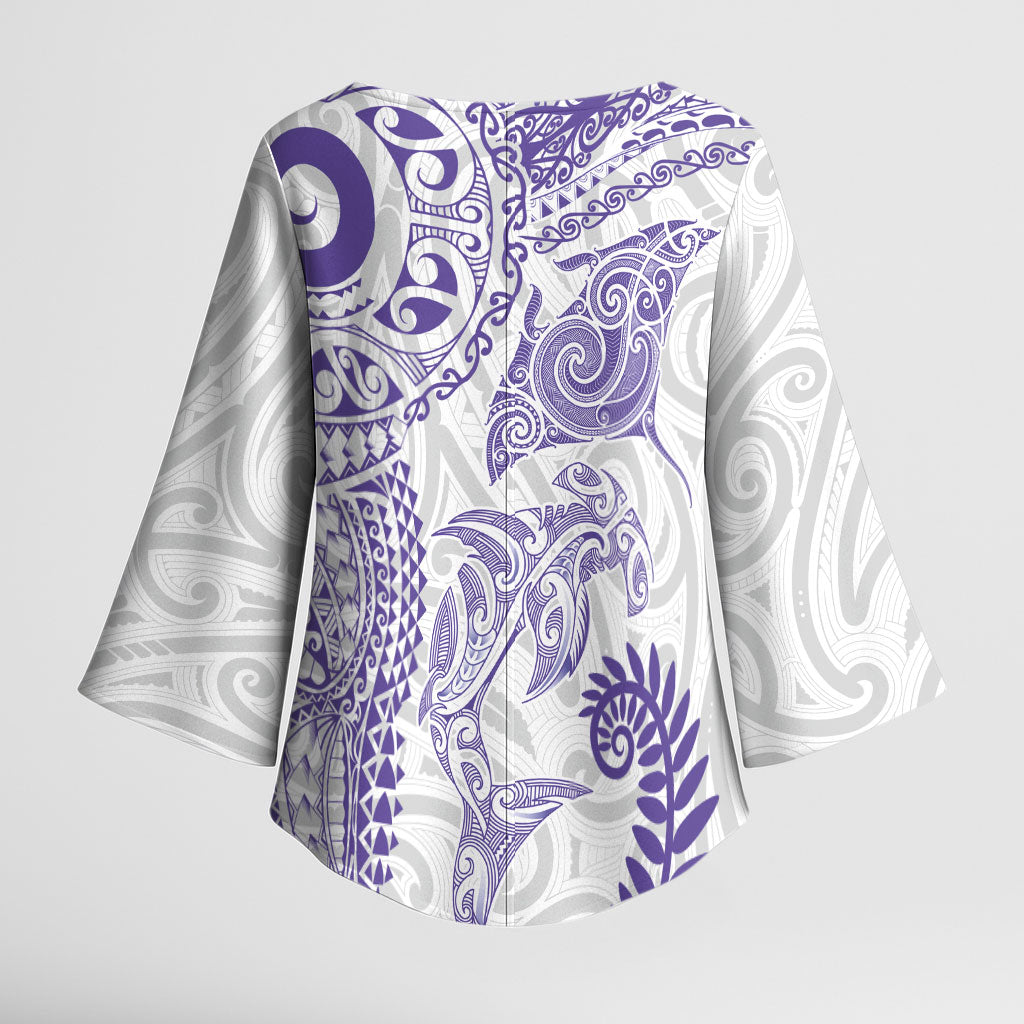 Aotearoa Maori Sea Animals Tribal Kimono Sleeve Blouse Manta Ray and Shark Moko Pattern Purple Color