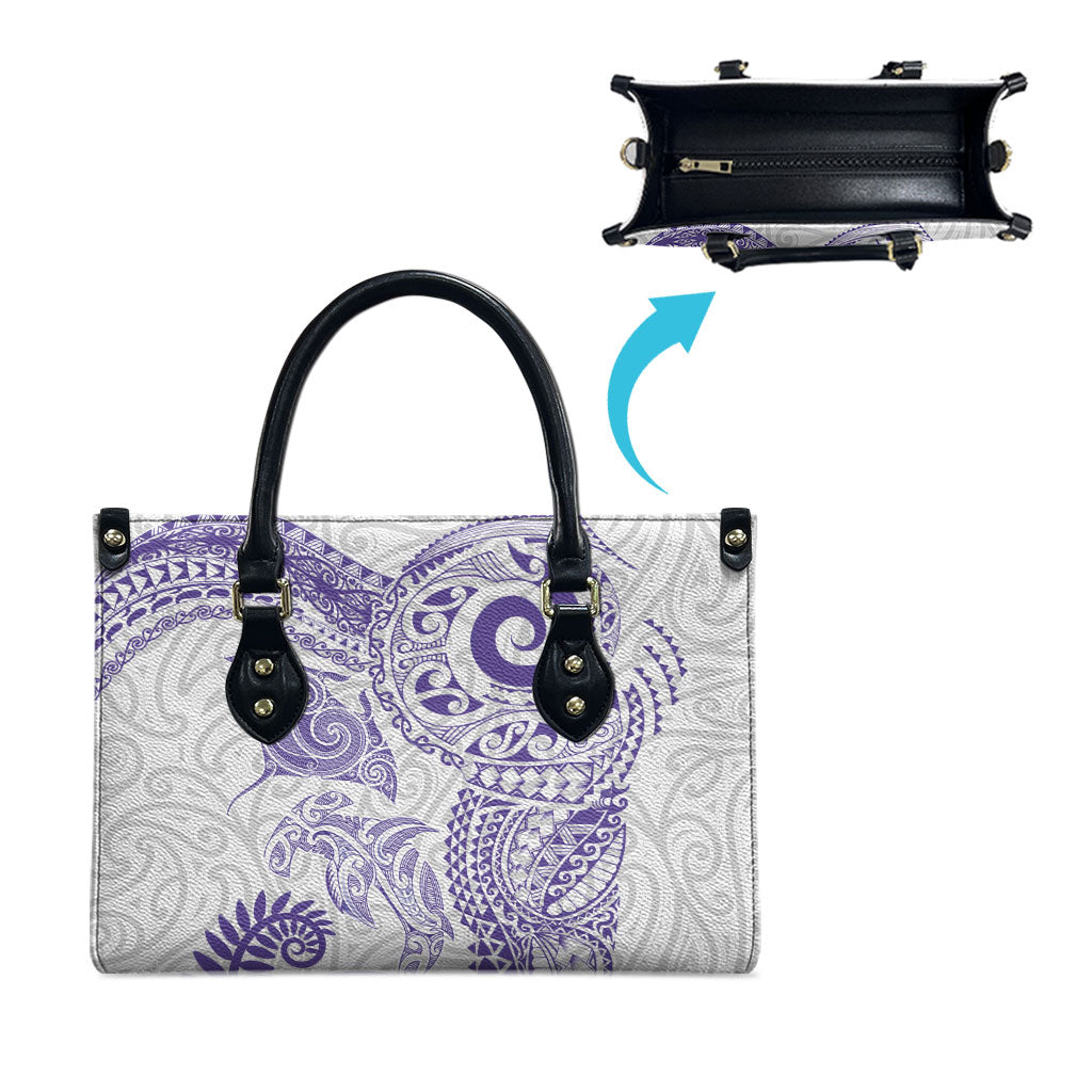 Aotearoa Maori Sea Animals Tribal Leather Bag Manta Ray and Shark Moko Pattern Purple Color