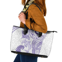 Aotearoa Maori Sea Animals Tribal Leather Tote Bag Manta Ray and Shark Moko Pattern Purple Color
